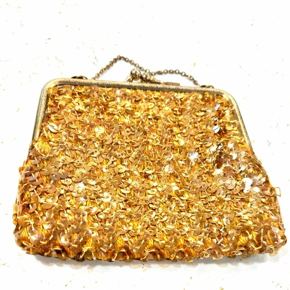 Vintage gold sequin beaded evening purse with kiss-lock clasp and chain handle - Picture 7 of 7